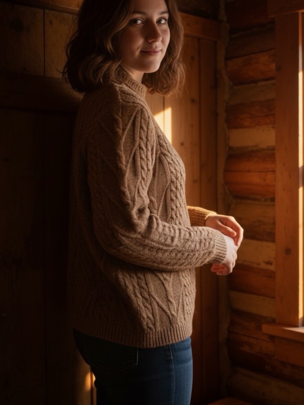 Olive + Oak | Women’s Cable Knit Crewneck Sweater in Light Brown | M